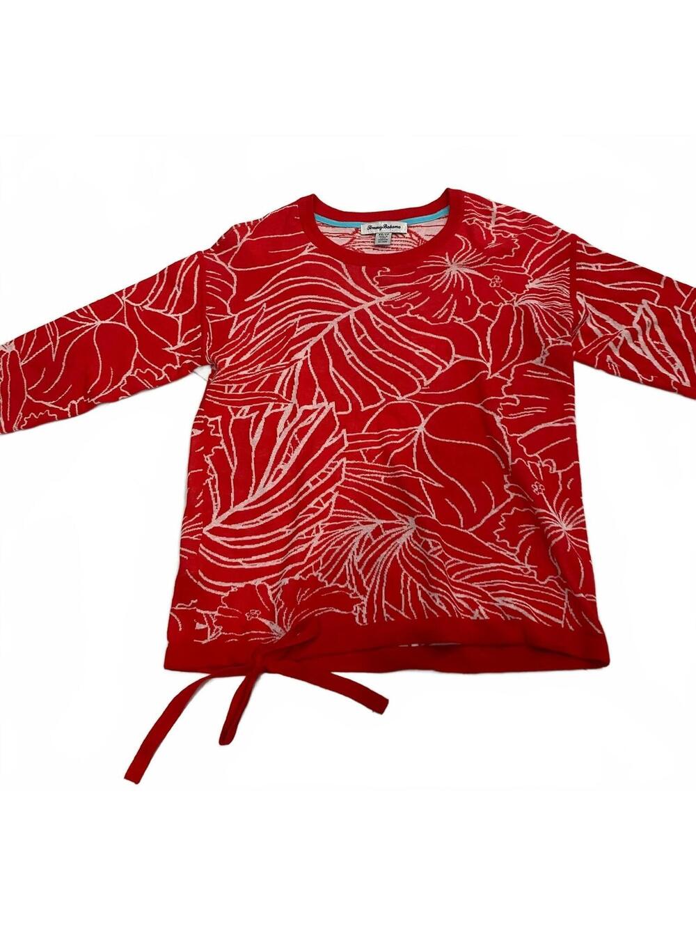 Tommy Bahama Red Cotton Pullover Sweater with Leaf Pattern and Tie Detail, XS